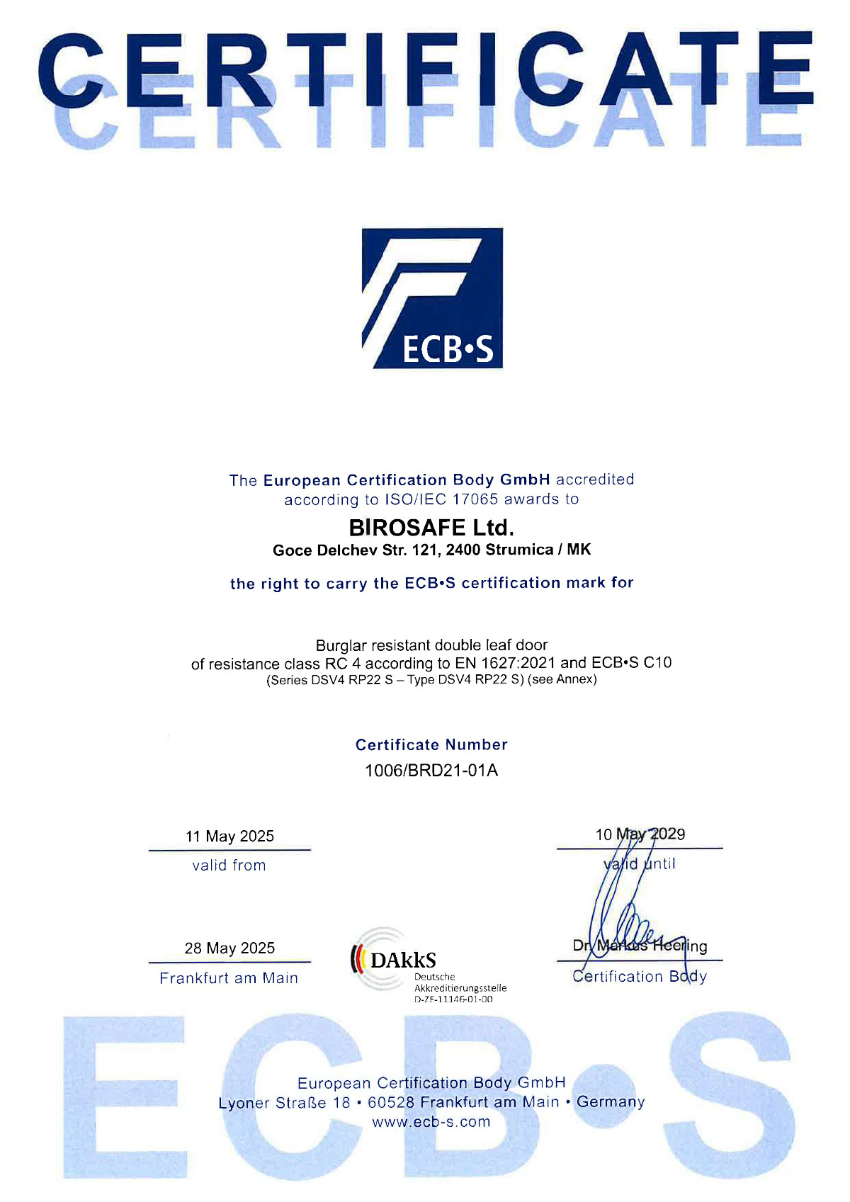 Certificate DSV4 RP22 S